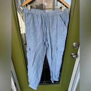 100% Flax Linen Xl Womens Cargo Ankle Crop Blue Cuff Drawstring Stretchy Pants